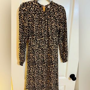 JCrew size 2 leopard print long sleeved midi dress with ruffle hem.